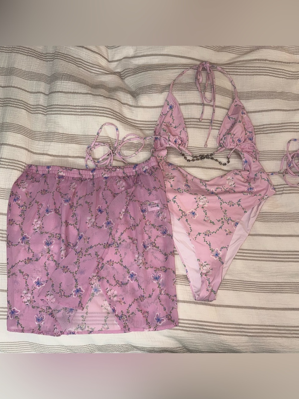 Frankie's Bikinis Pink Floral Halter Bikini with Sheer Wrap Skirt - Picture 1 of 1